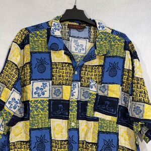 Oxford Fulham Rayon Hawaiian Tropical Shirt XL Pineapples Blue Window Panes